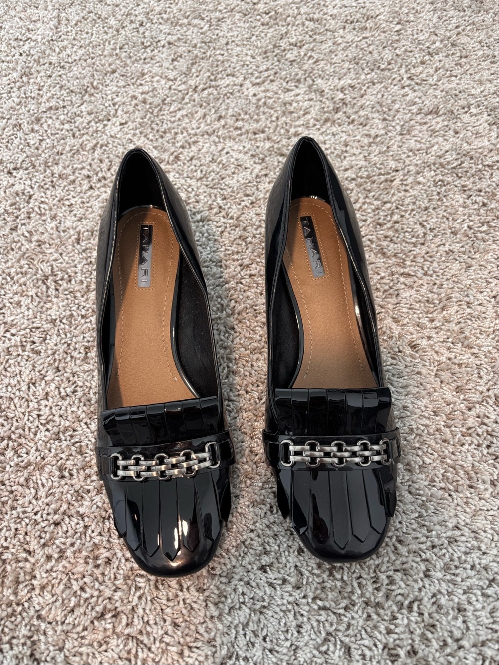 Tahari Black Patent Loafers with Silver Chain Accent